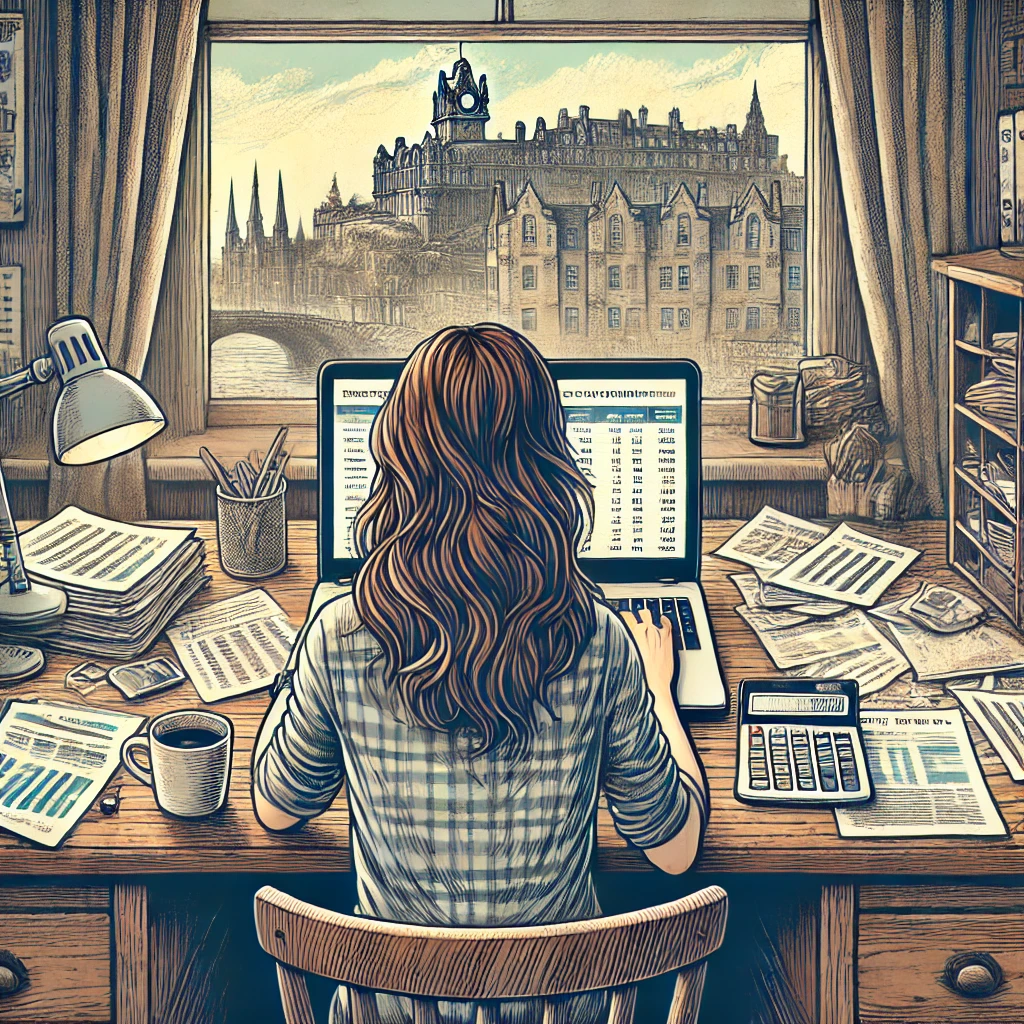 Freelancer working on taxes in Edinburgh with a laptop and calculator, highlighting tax tips and Self Assessment guidance for self-employed professionals.