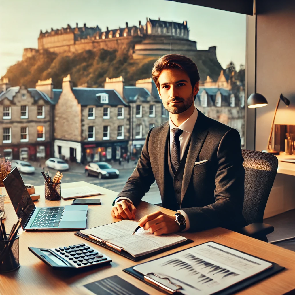 Business owner in Edinburgh discussing financial plans with an accountant in a modern office, highlighting trust and local expertise.